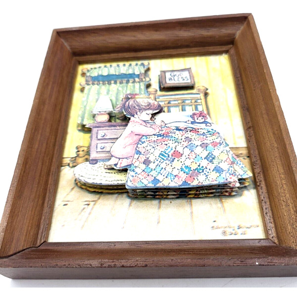 Vintage 1974 ARTMARK God Bless Girl Praying 3D Decoupage Paper Art 6x5" - Picture 2 of 7